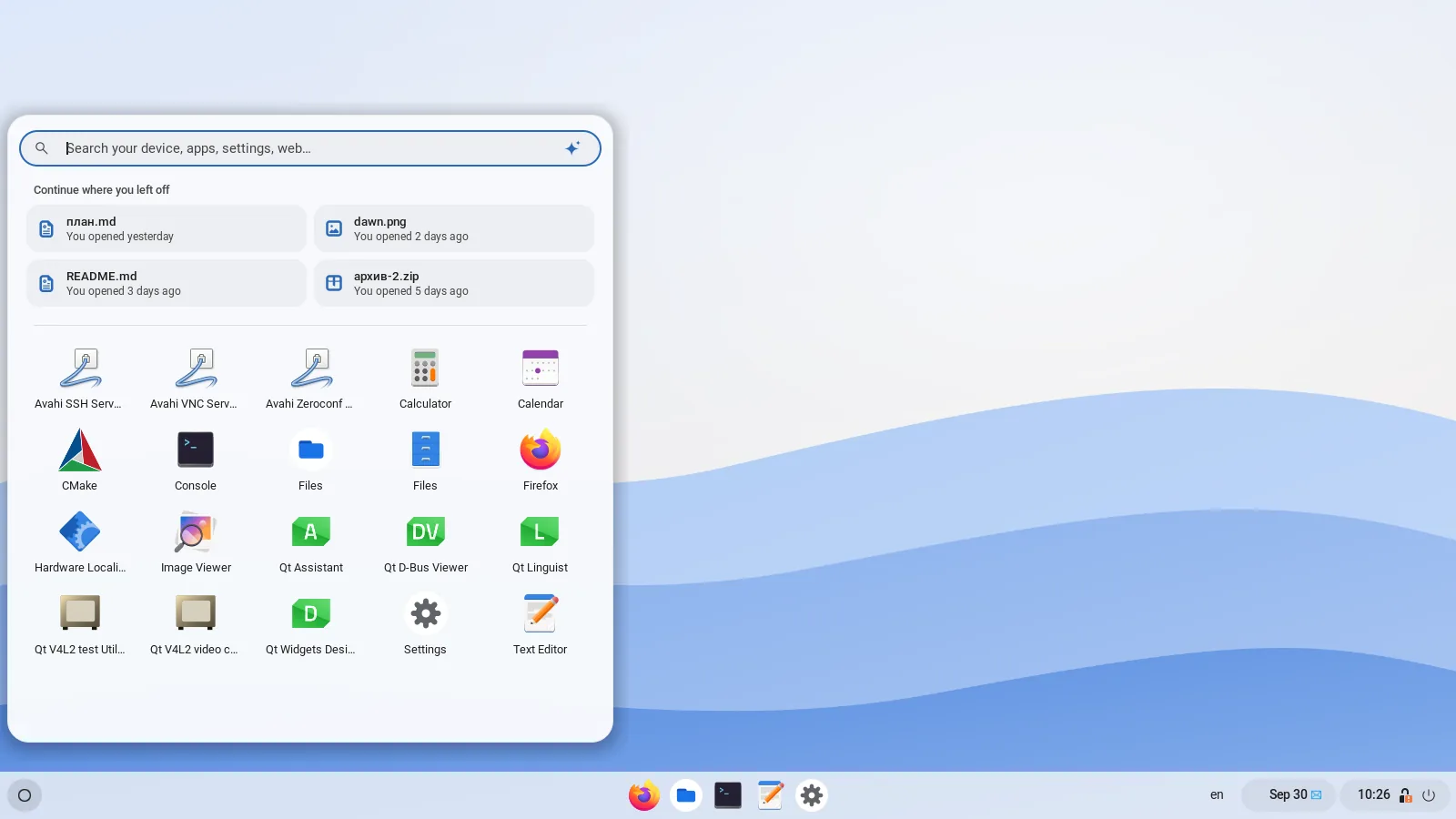 HypeDE desktop with the launcher open above the shelf: search field, recent files and a grid of apps