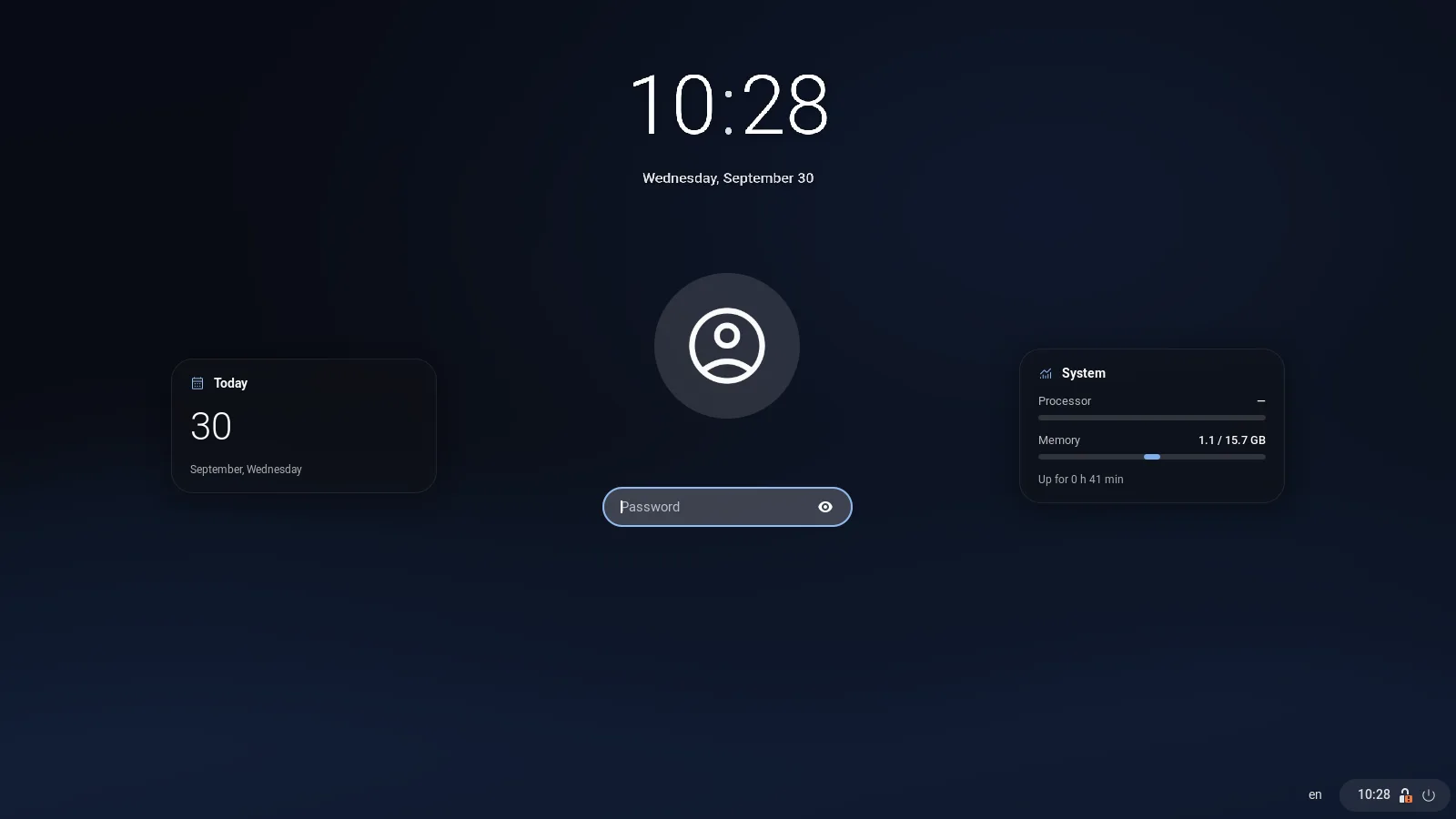 Lock screen with the password field, and cards for the date and system load on both sides
