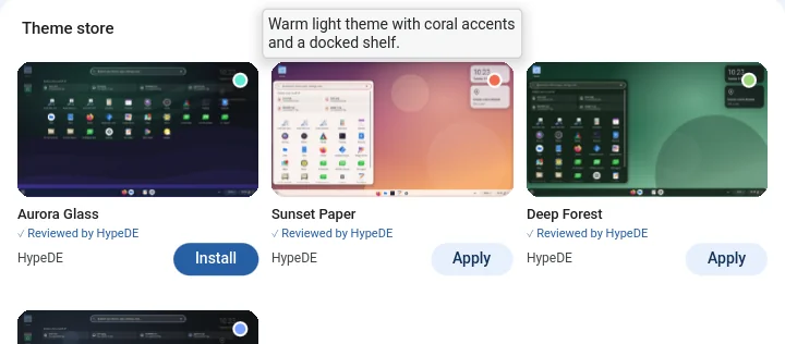 Theme store in Settings: Aurora Glass, Sunset Paper and Deep Forest with Install and Apply buttons